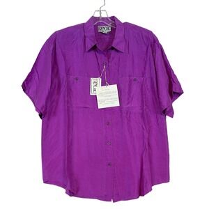 NWT Vintage Womens Purple Washable Silk Short Sleeve Button Up Shirt Retro Large